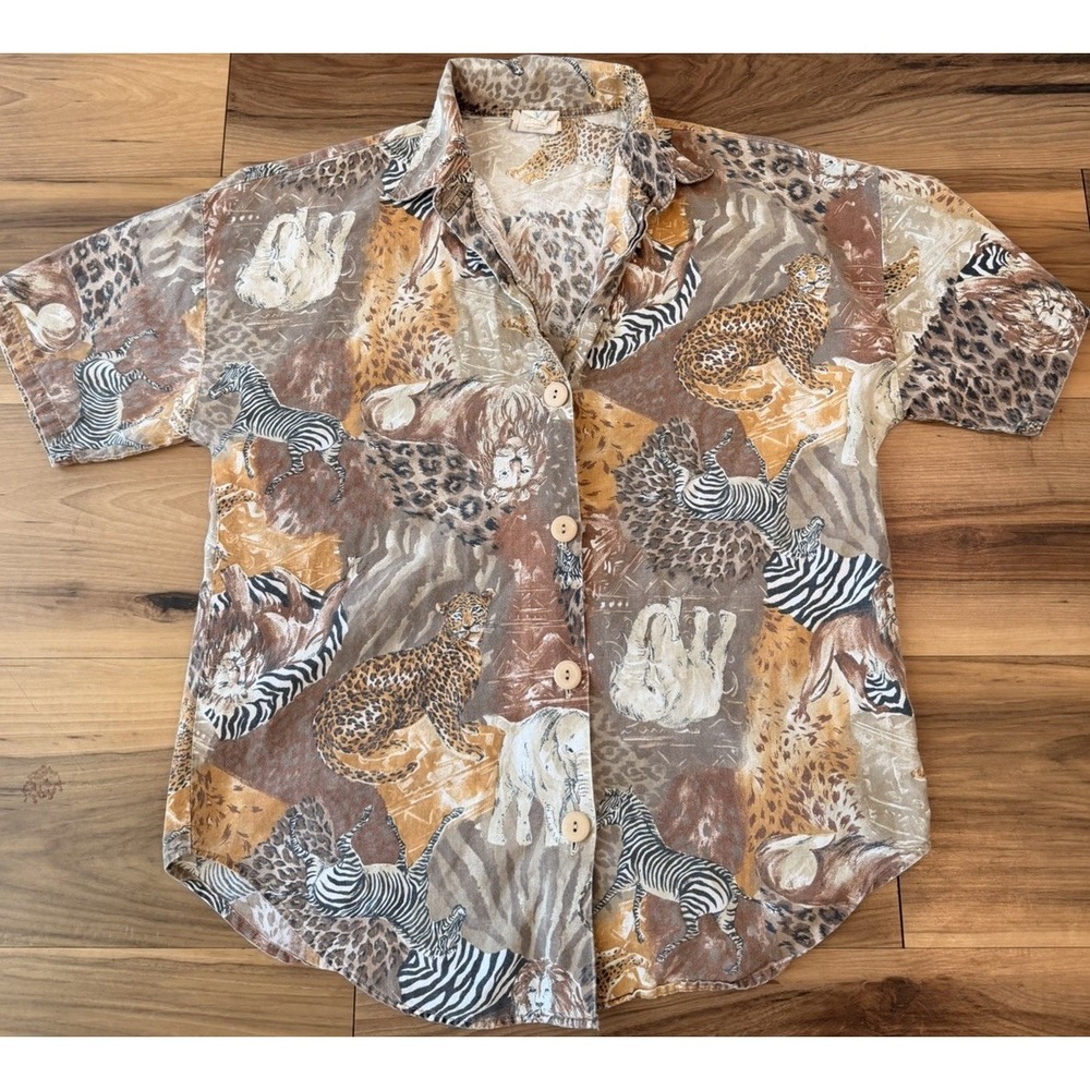 Vintage 90s Republic Denim Safari Animal Print Button Up Shirt Women's Jungle